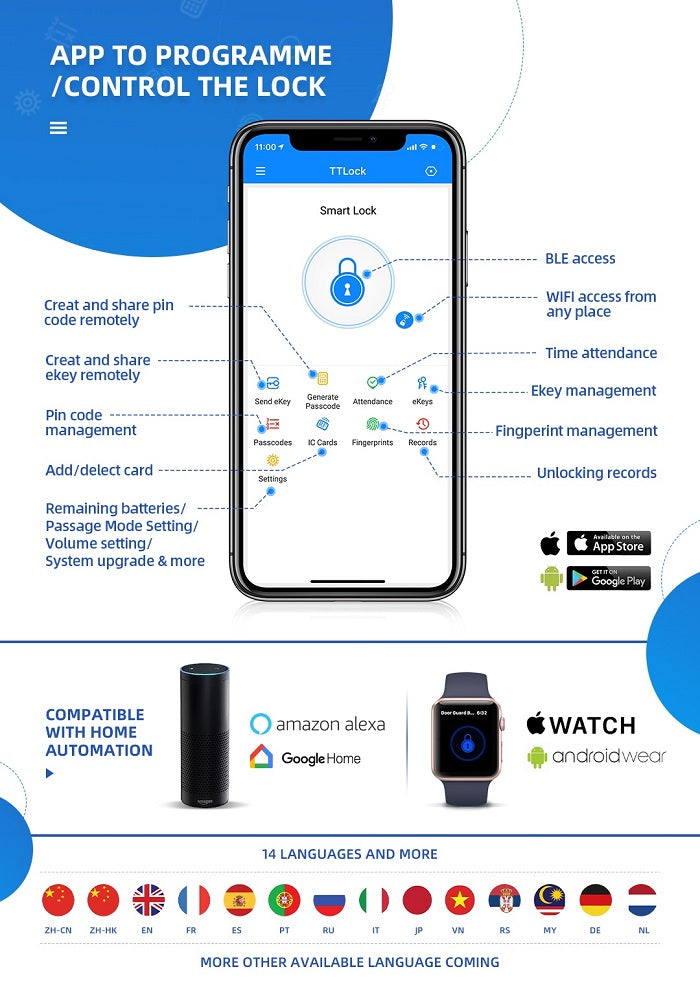 Gudrs durvju rokturis iNOVO IP55 ar cilindru 92 mm (sudrabains) Bluetooth un Wi-Fi ar tālvadības pulti