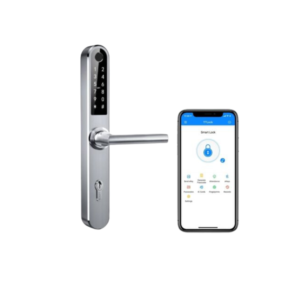 Gudrs durvju rokturis iNOVO IP55 Bluetooth C92mm, ar tālvadības pulti, sudraba krāsā.