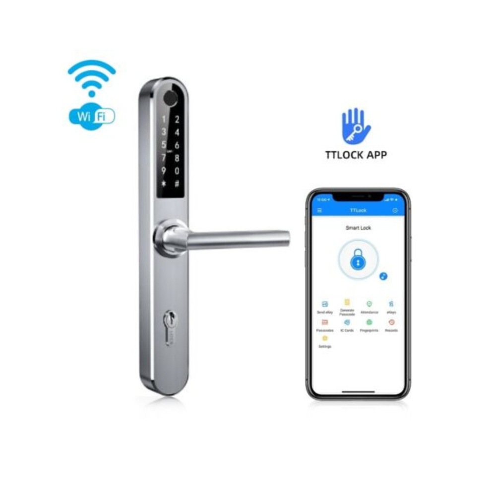 Gudrs durvju rokturis iNOVO IP55 ar cilindru 92 mm (sudrabains) Bluetooth un Wi-Fi ar tālvadības pulti