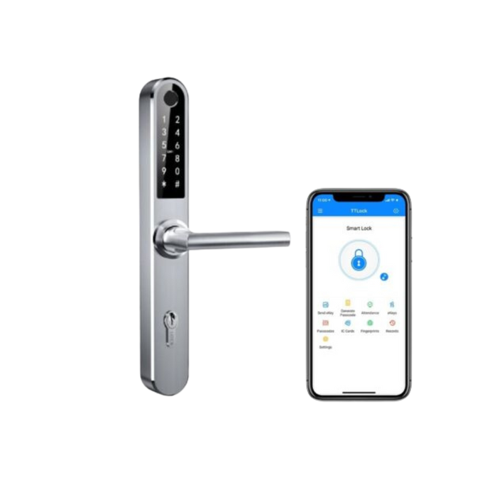 Gudrs durvju rokturis iNOVO IP55 Bluetooth C92mm, ar tālvadības pulti, sudraba krāsā.