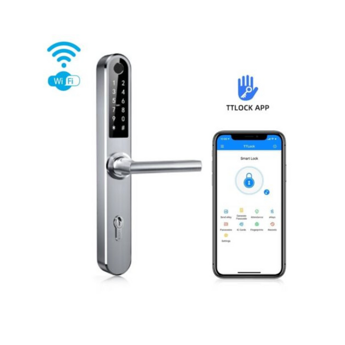 Gudrs durvju rokturis iNOVO IP55 ar cilindru 72 mm (sudrabains) Bluetooth un Wi-Fi ar tālvadības pulti